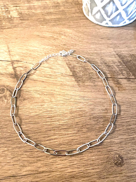 Silver Plated Paperclip Chain Choker – 14” + Extender